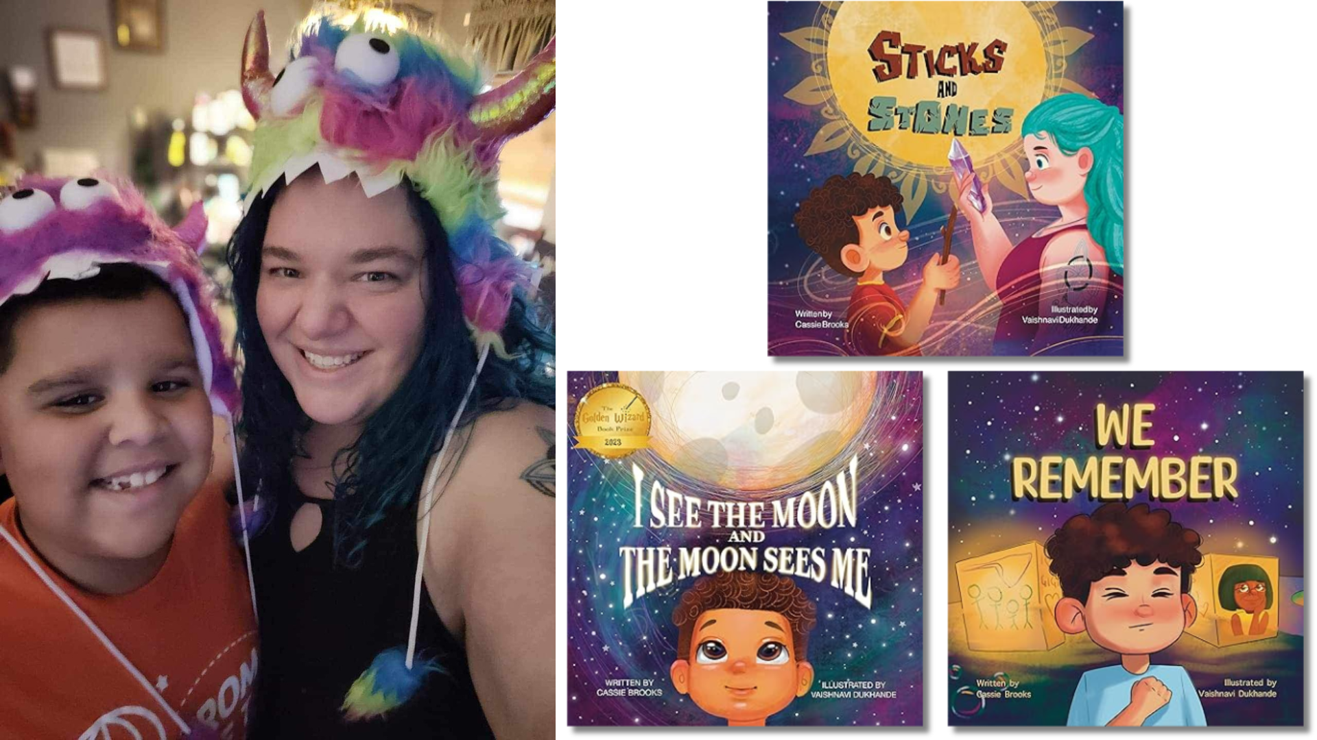 Cassie Brooks with son Elijah and her books