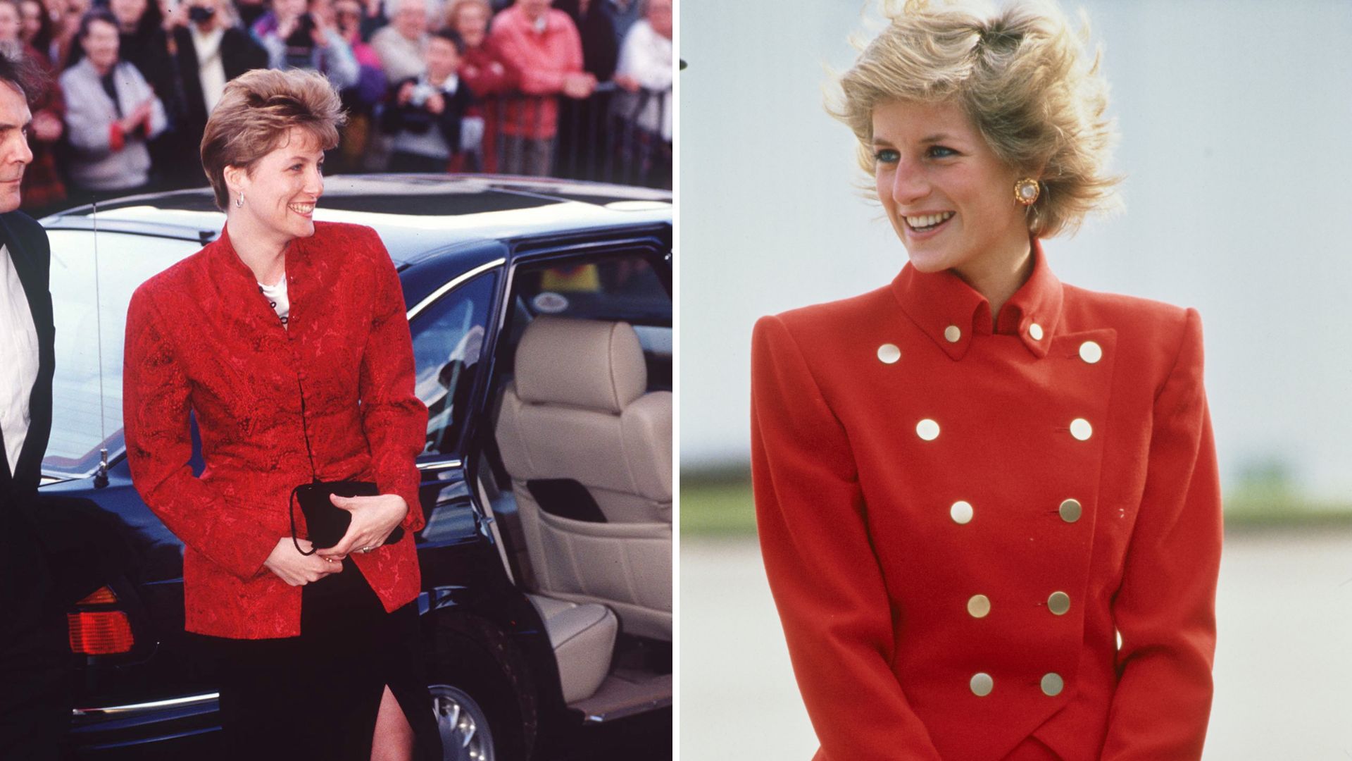 L-Duchess Sophie wearing a red jacket to the wedding of Ivor Mountbatten, R- Princess Diana wearing a red jacket during a visit to RAF Wittering in Cambridgeshire