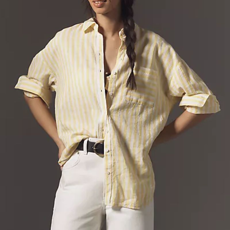 Helen Skelton&#039;s white and yellow striped button up from Anthropologie