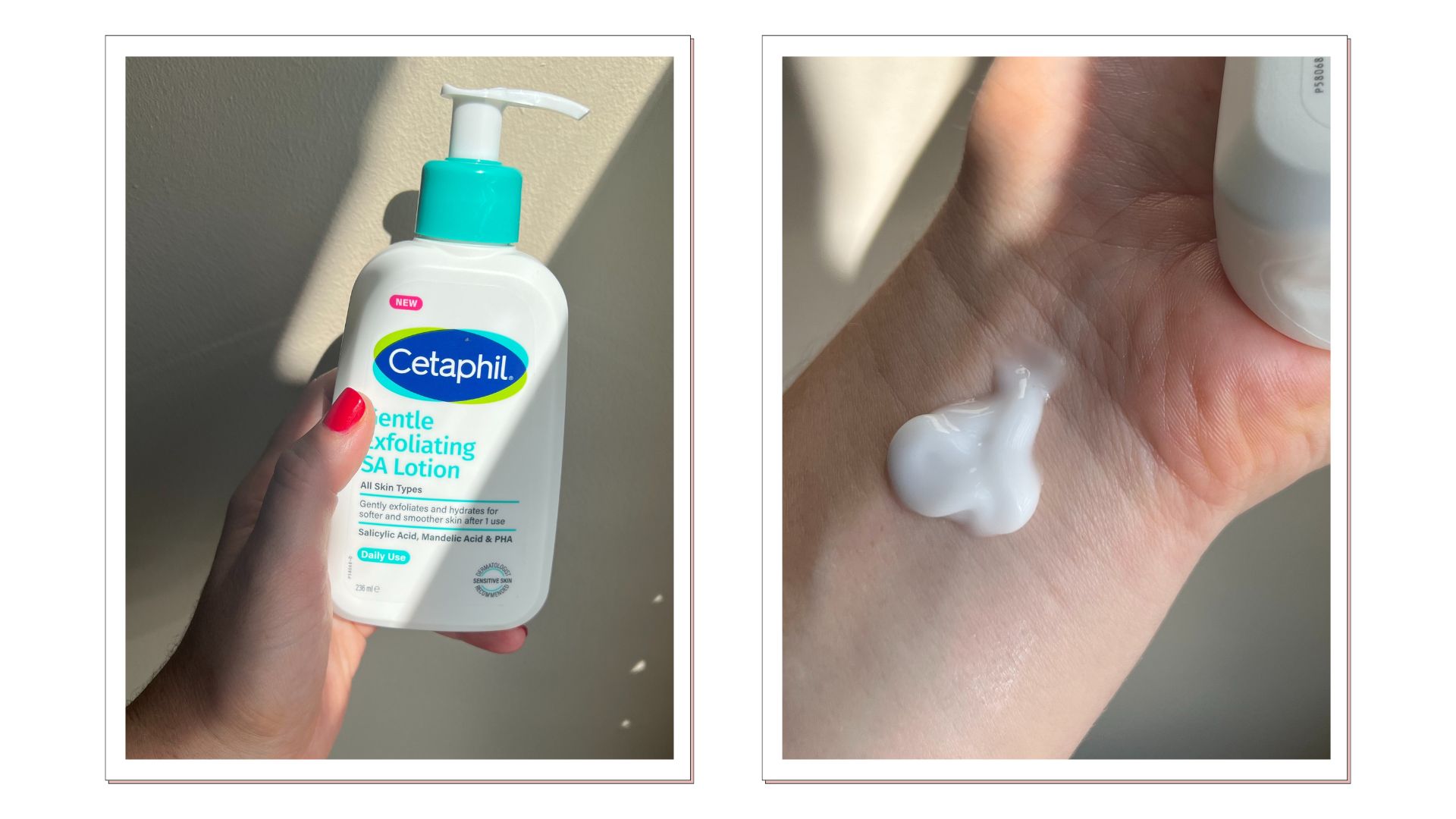 An image of a hand with red painted fingernails, holding cetaphil SA exfoliating lotion, next to an image of a wrist with a blob of white cetaphil exfoliating cream on it