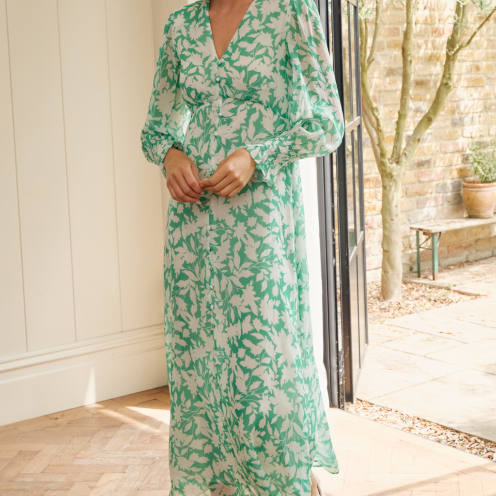 Aspiga long sleeve midi dress in green and white vine print