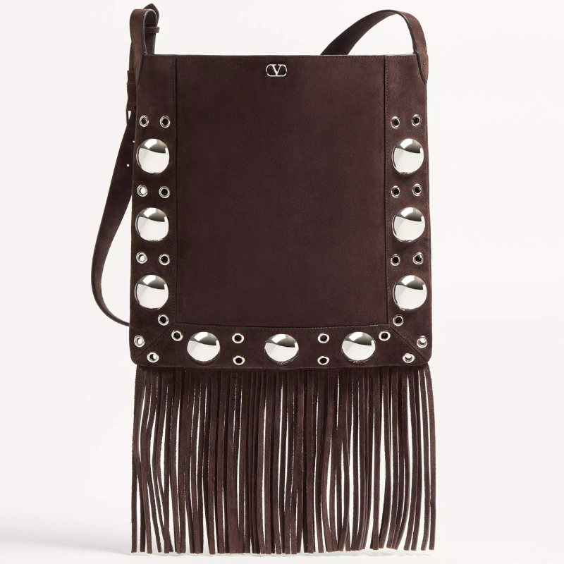 Valentino brown suede studded bag with fringing