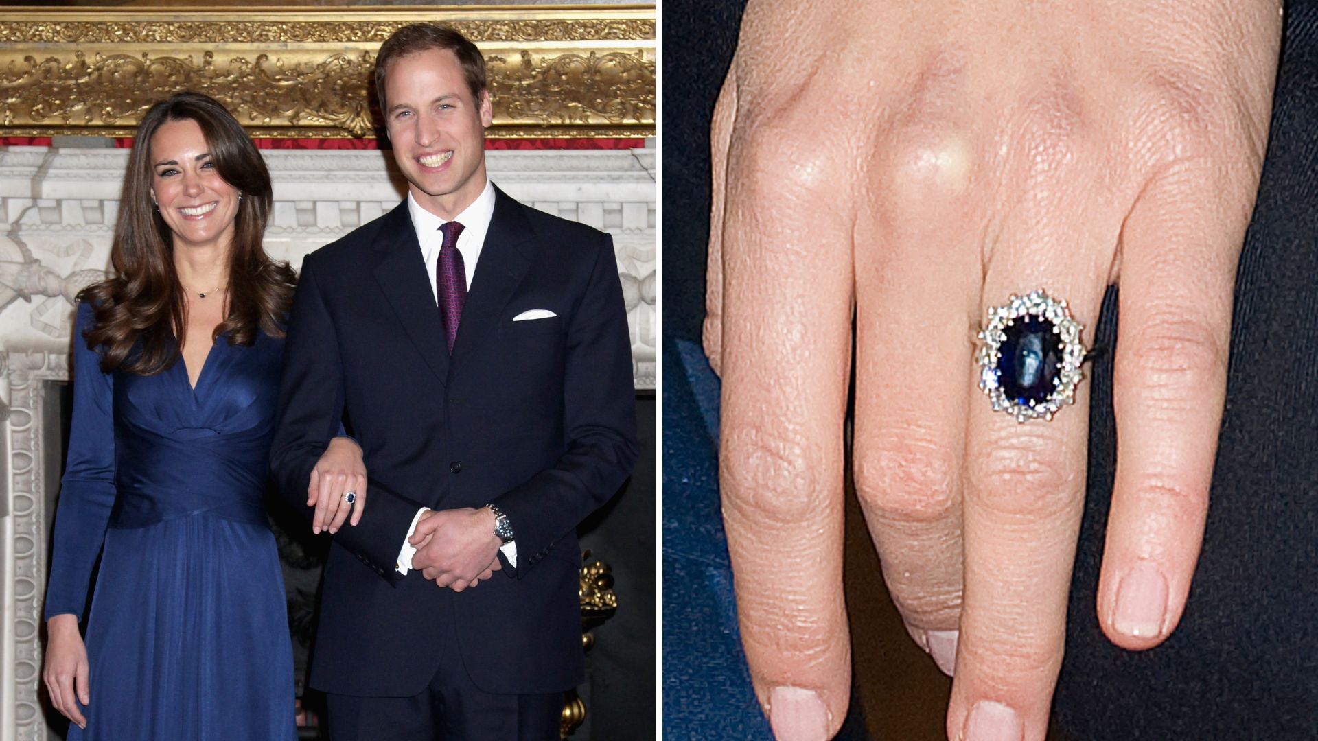 L-Prince William and Kate Middleton during their engagement announcement, R- a closeup of Kate Middleton's engagement ring