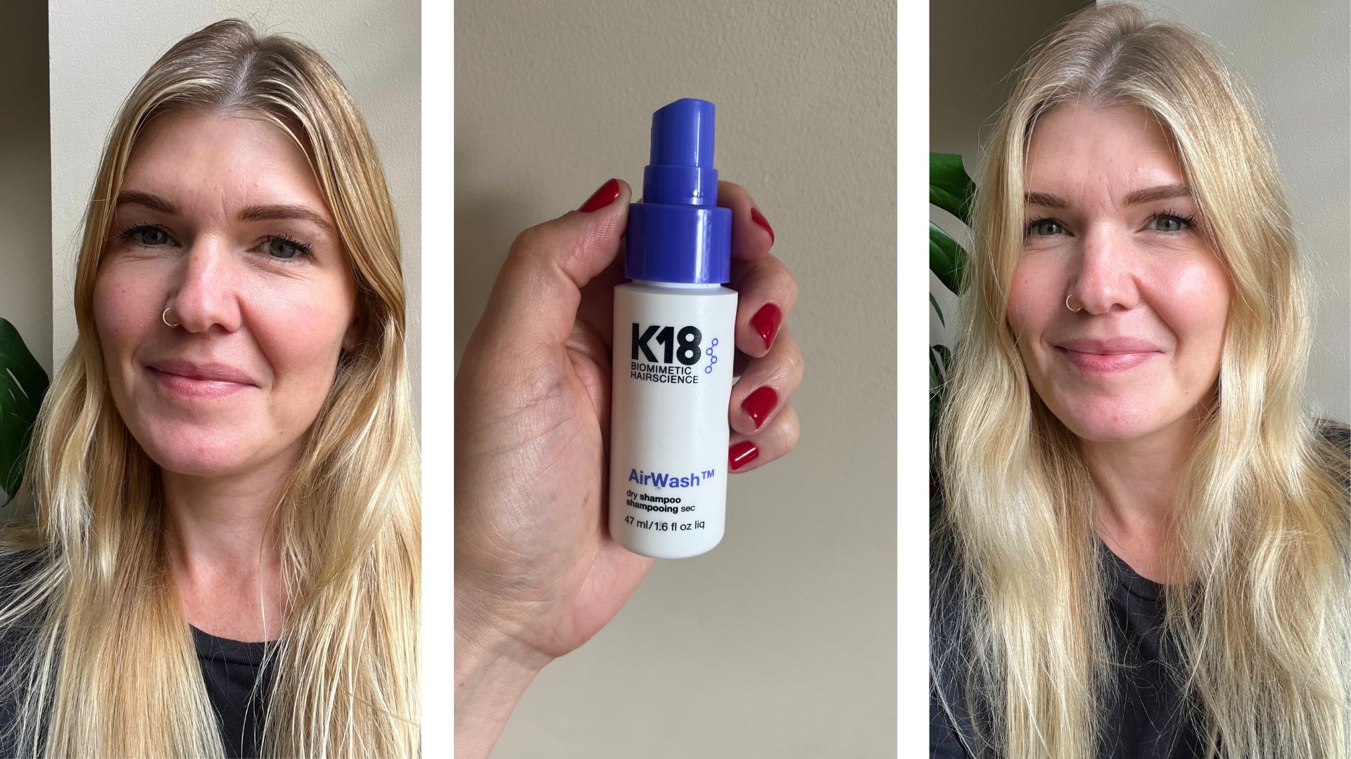 An image of a hand with red fingernails holding a white and purple bottle of K18 Airwash Dry Shampoo against a beige background, in between two images of fiona mckim with blonde hair and a black t shirt on, smiling - one image with oily hair and flat roots, the other with fresh-looking hair