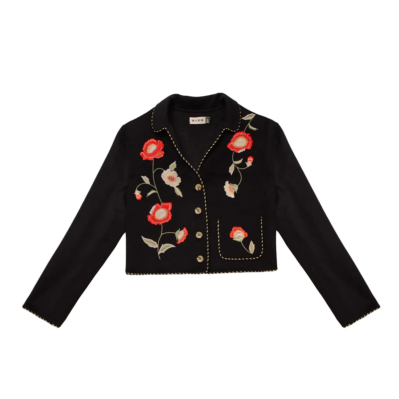 Rixo black jacket with poppy detail
