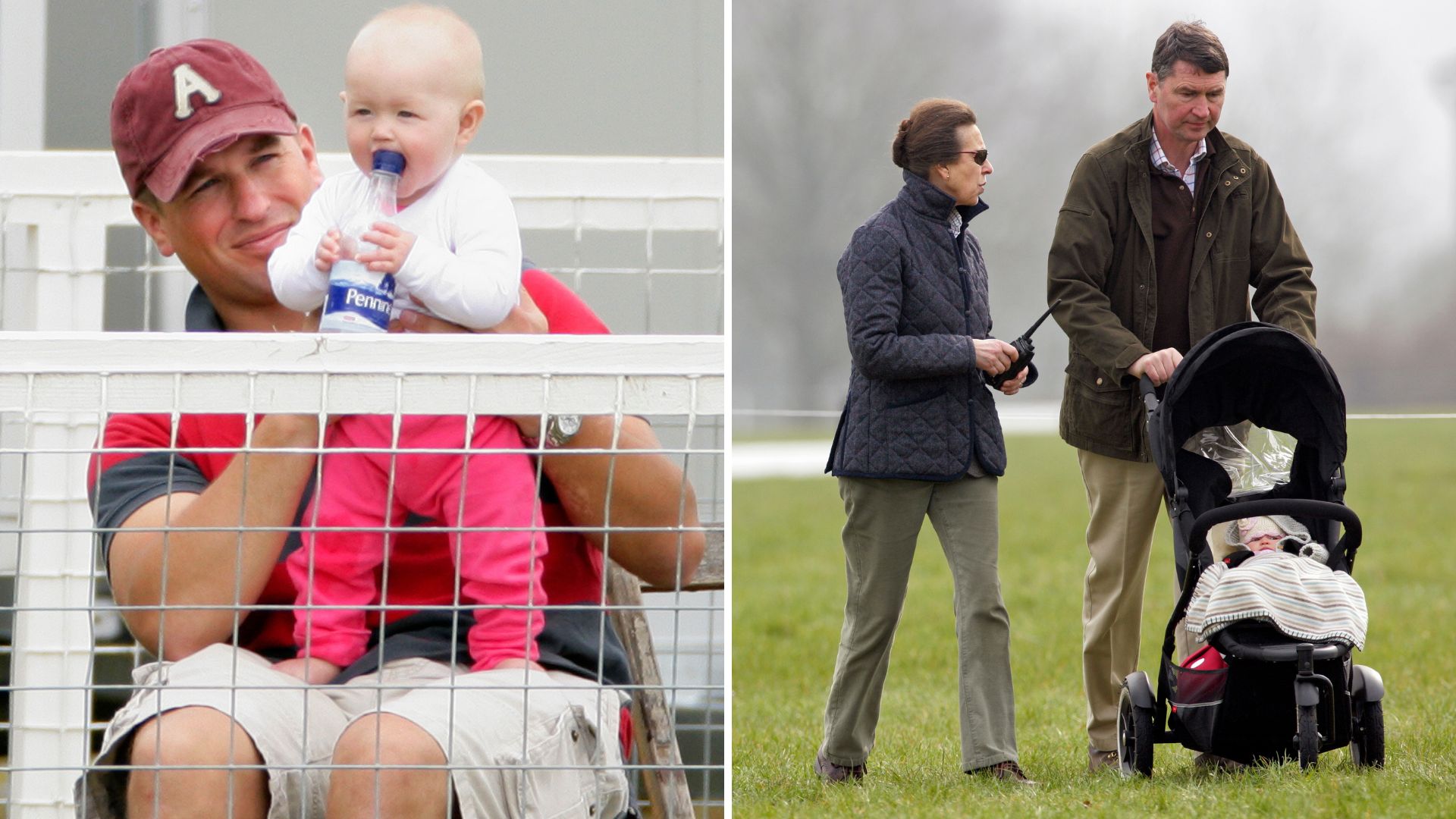 L-Peter Phillips and Savannah Phillips as a baby, R-Princess Anne and Timothy Laurence push baby Savannah in a pram