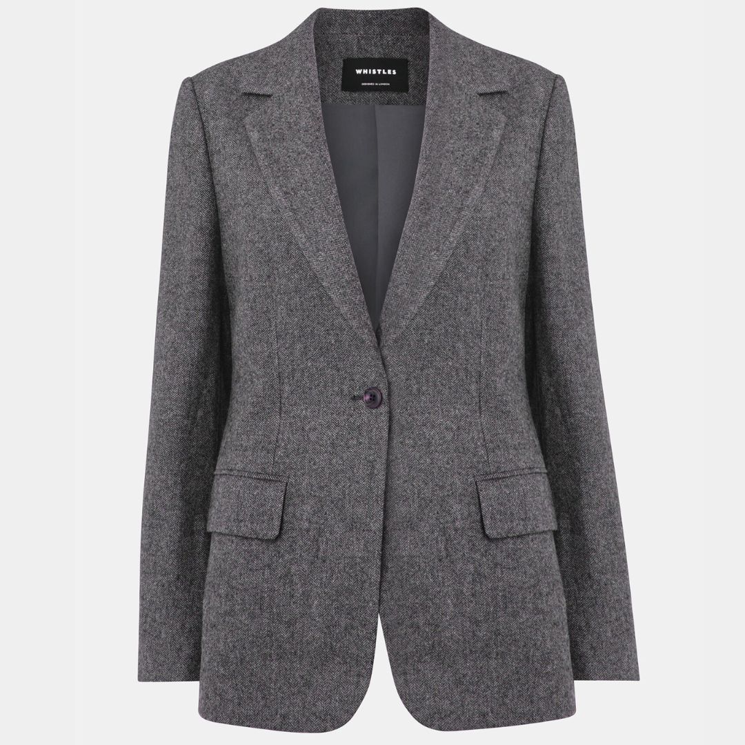Whistles Grey Herringbone Wool-Blend Blazer