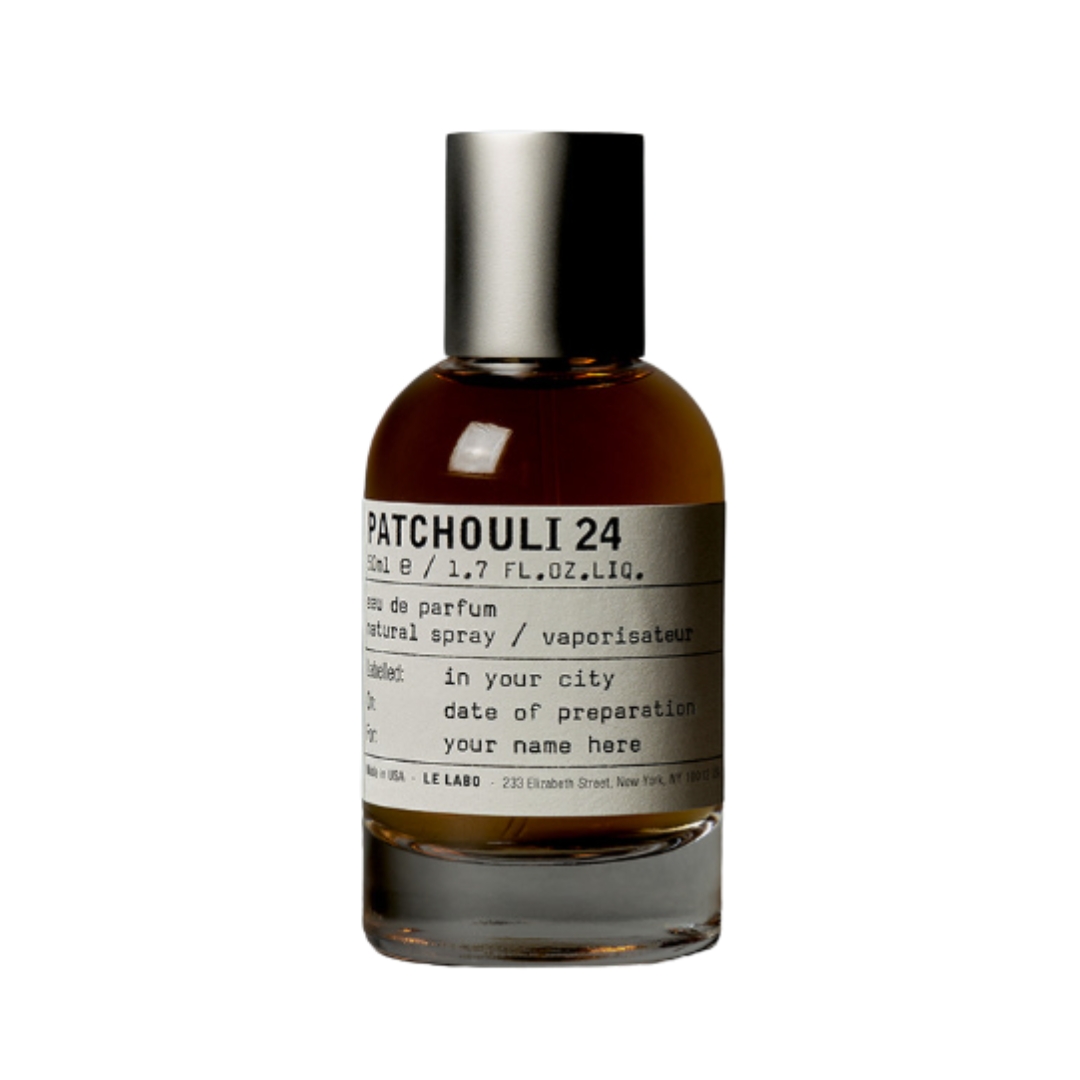 A product shot of the Le Lebo Patchouli 24 parfum, on a white background
