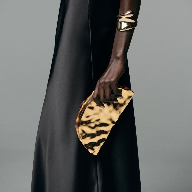 Metallic Rigid Minaudiere carried by model 