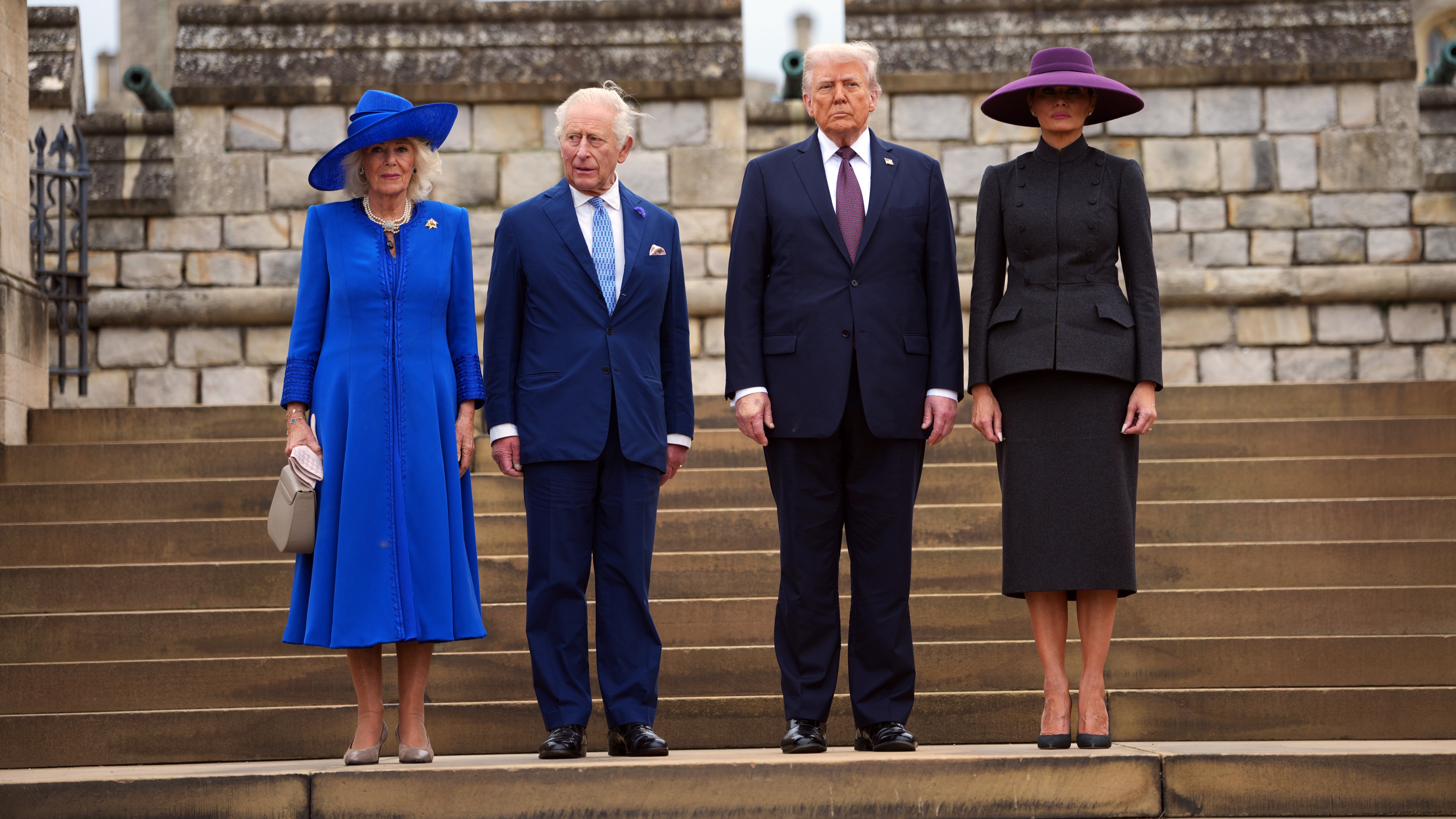 U.S. President Donald Trump and First Lady Melania Trump stand with King Charles and Her Majesty Queen Camilla during the State visit
