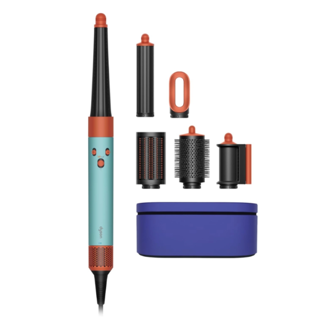A product shot of the Dyson Airwrap i.d.&amp;trade; Multi-Styler and Dryer, with all its attachments, on a white background