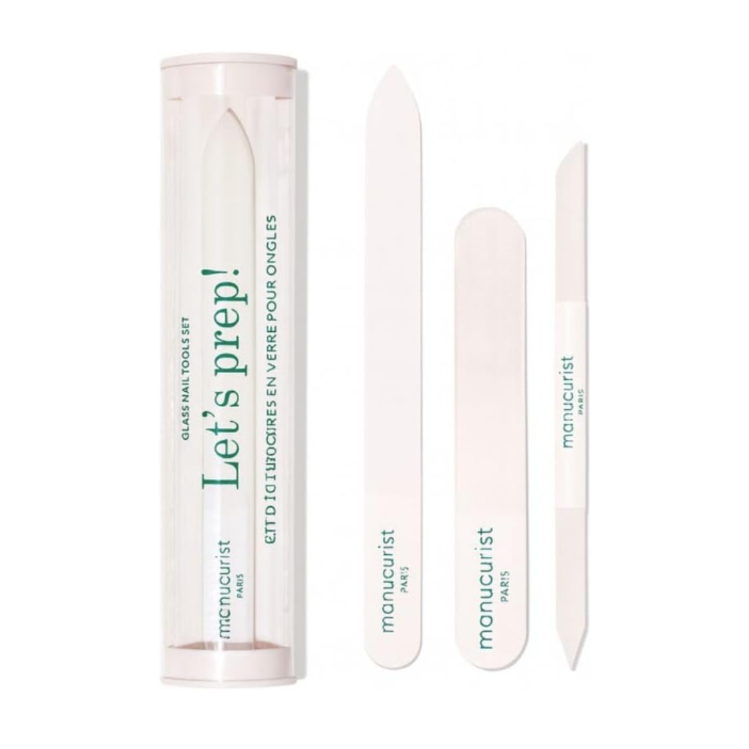 A product shot of the Manucurist Glass Nail Accessory Trio, which features two glass nail files and a cuticle pusher, on a white background