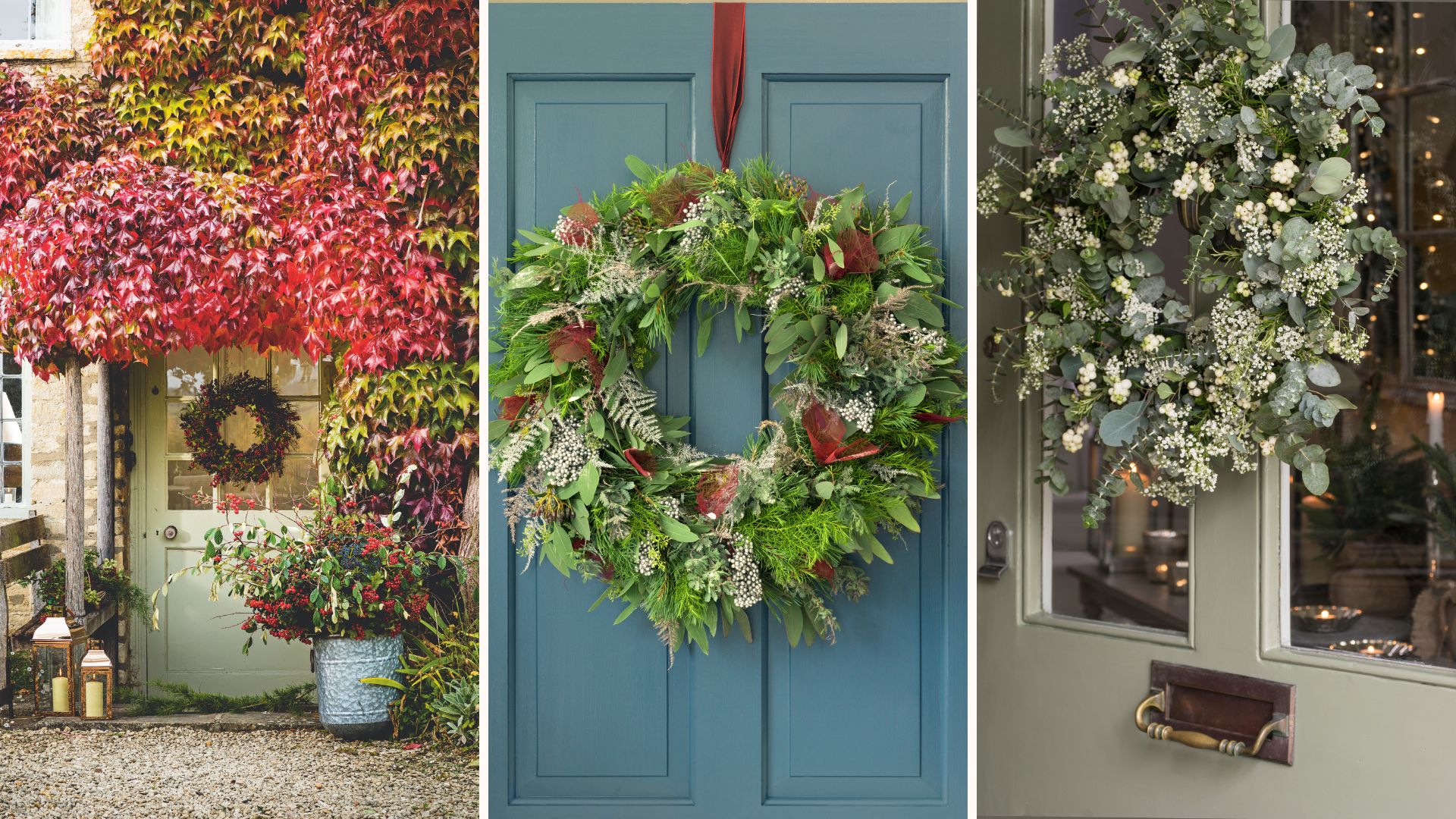 collage of three front doors with autumn wreaths