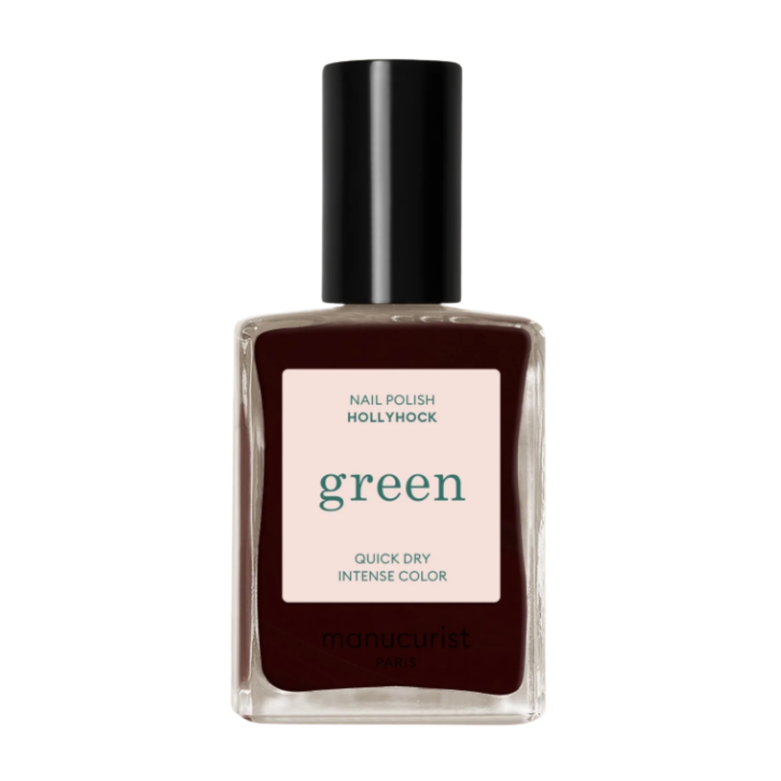 A product shot of the Manucurist Green Nail Polish in Hollyhock, on a white background