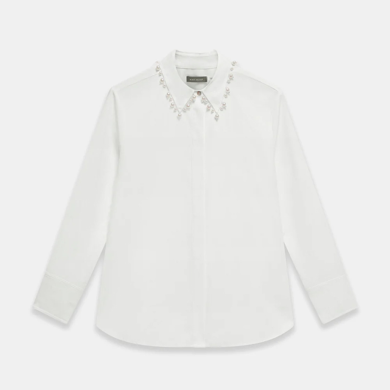 White cotton shirt with pearl collar details, Mint Velvet