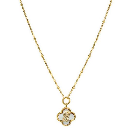 Pave Initial Four Leaf Clover Stone Necklace