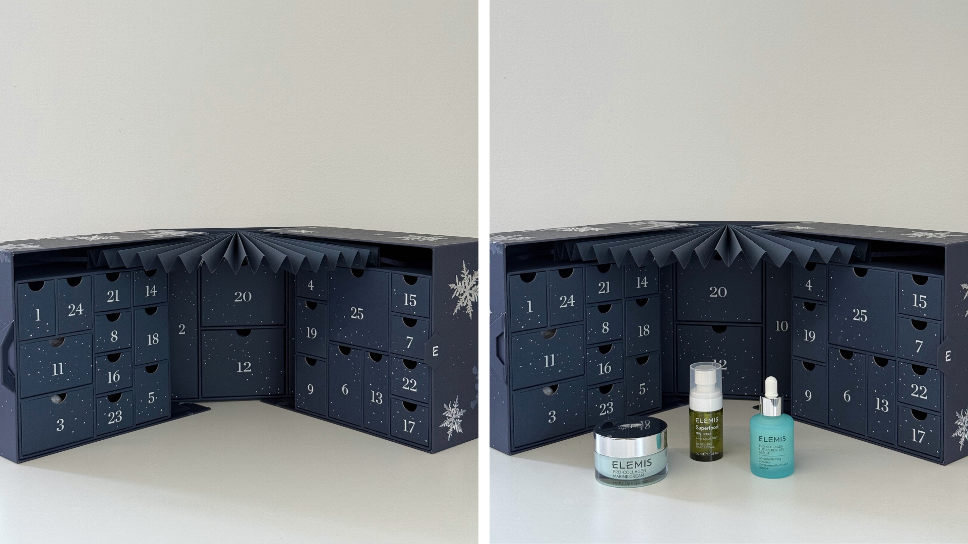 On the left, open Elemis Wonders Advent Calendar 2025 and with some of its contents in front of the calendar on the right