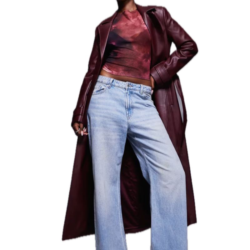 Bardot , Faux Leather Longline Coat in Burgundy
