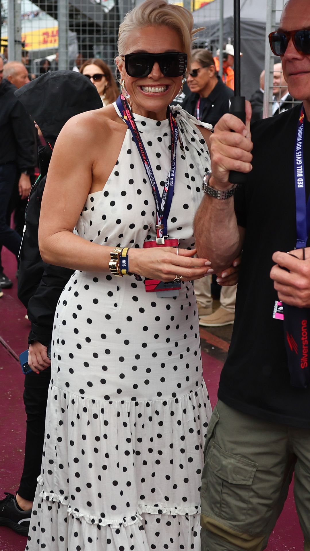 hannah waddingham wearing a polka dot dress