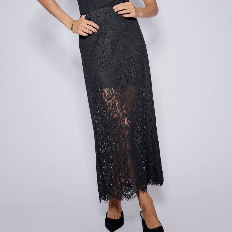 Nobody&#039;s Child , Black Floral Lace Midi Skirt