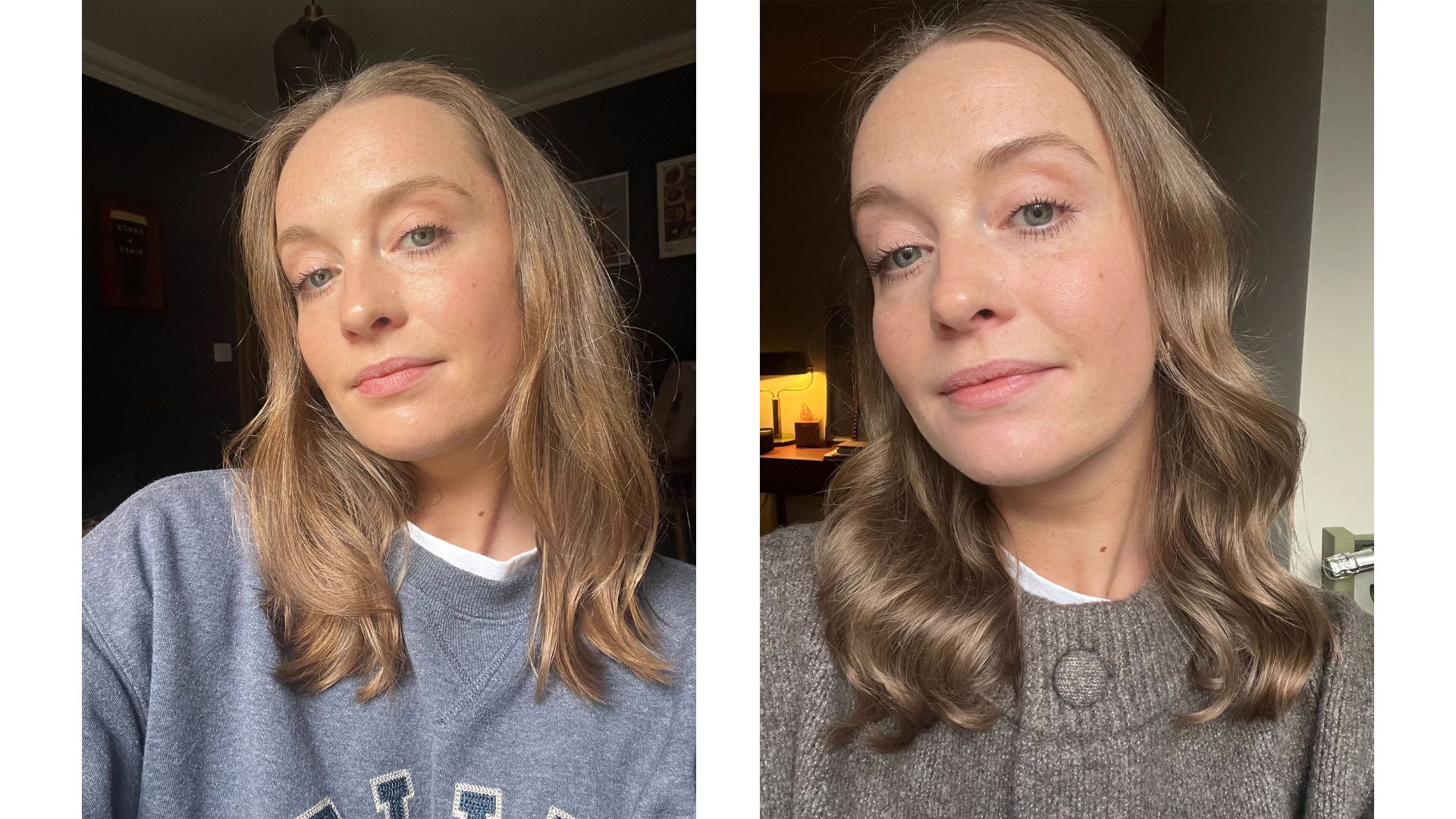 an image of our beauty writer before (l) and after (r) using the BaByliss Style Secret Air