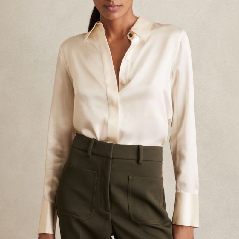 Silk-Satin Concealed-Placket Shirt in Ivory on model 