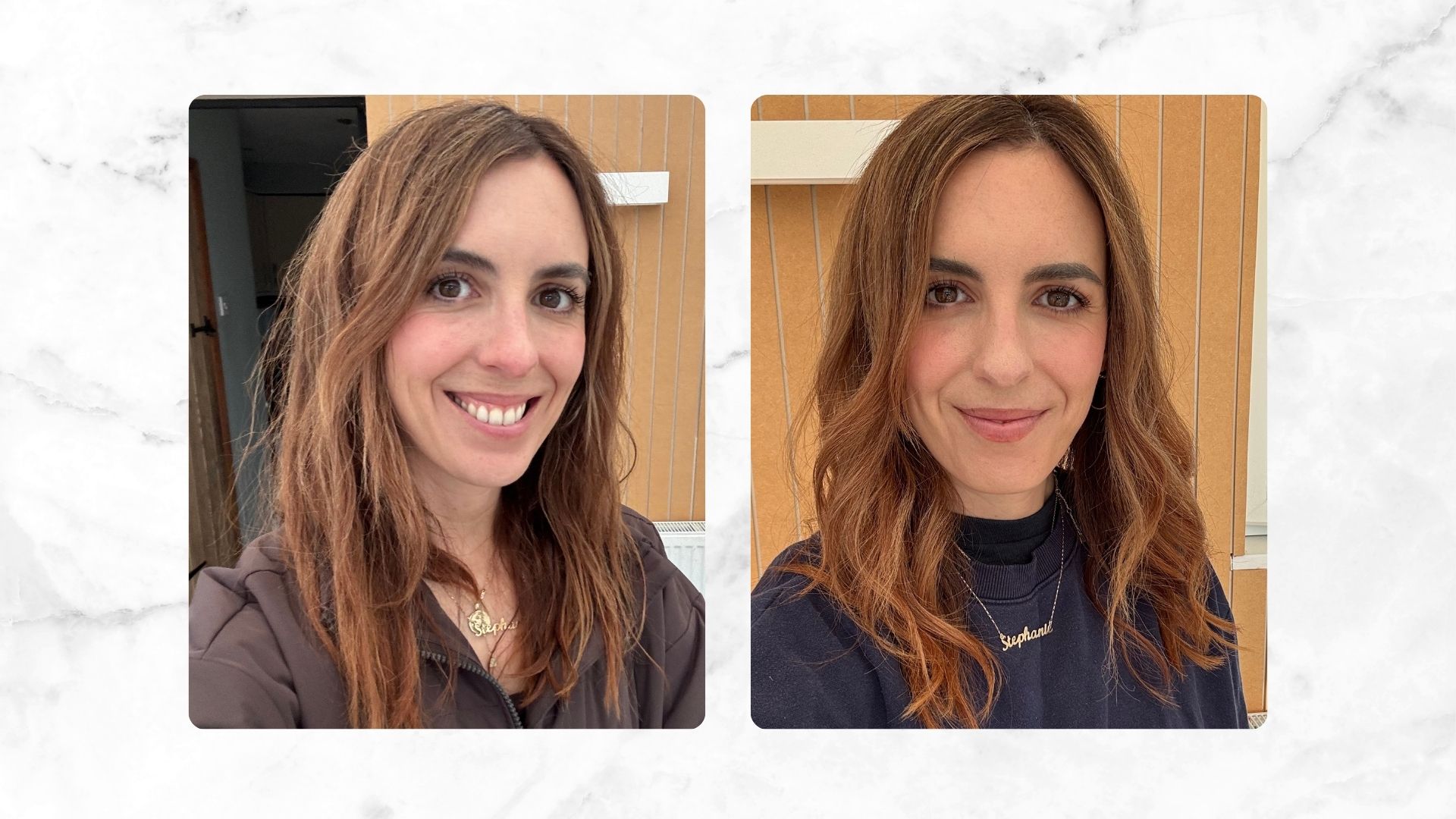 Stephanie before &amp;amp; after reviewing the Color Wow Dreaming Hair Treatment