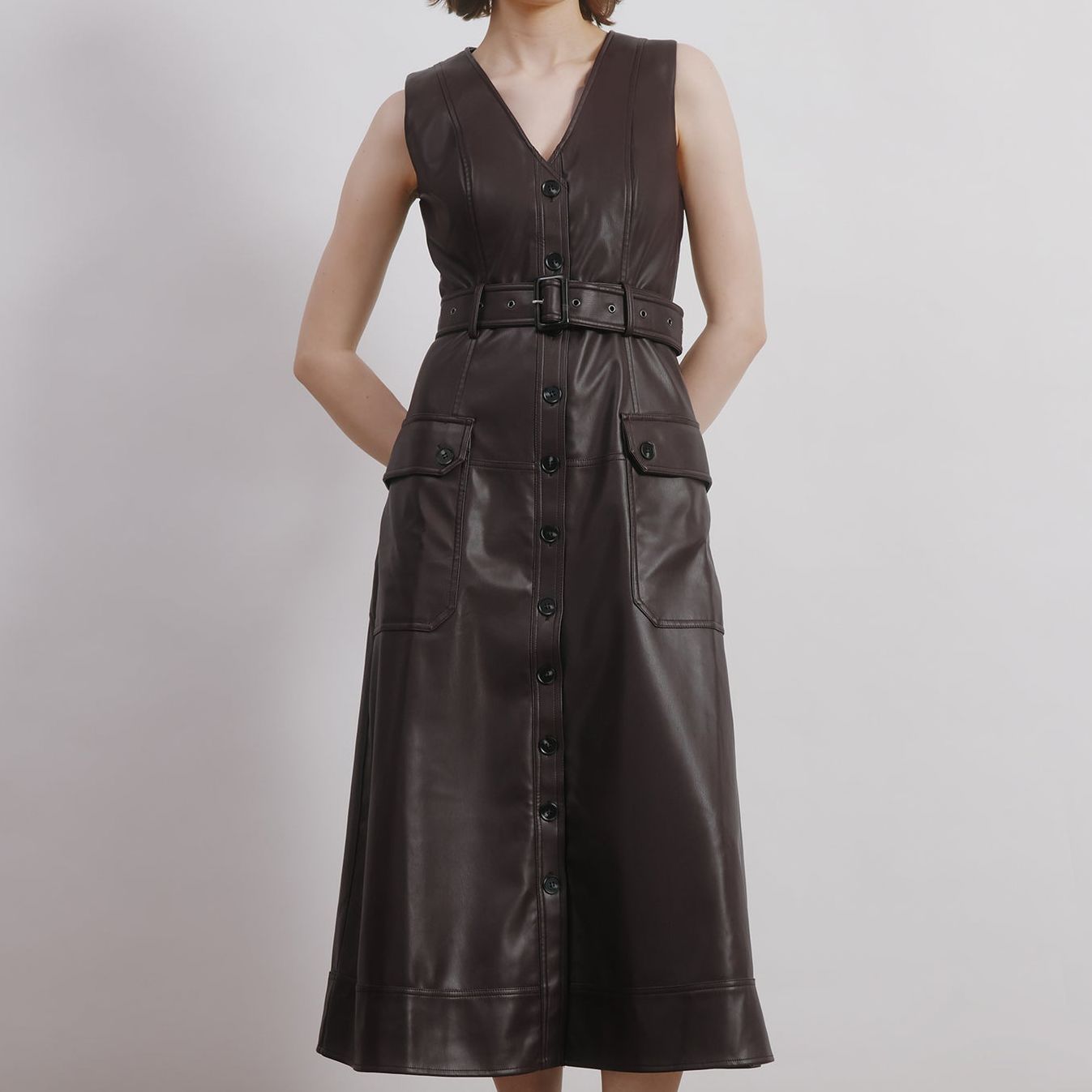 Faux Leather Belted Dress - 8
