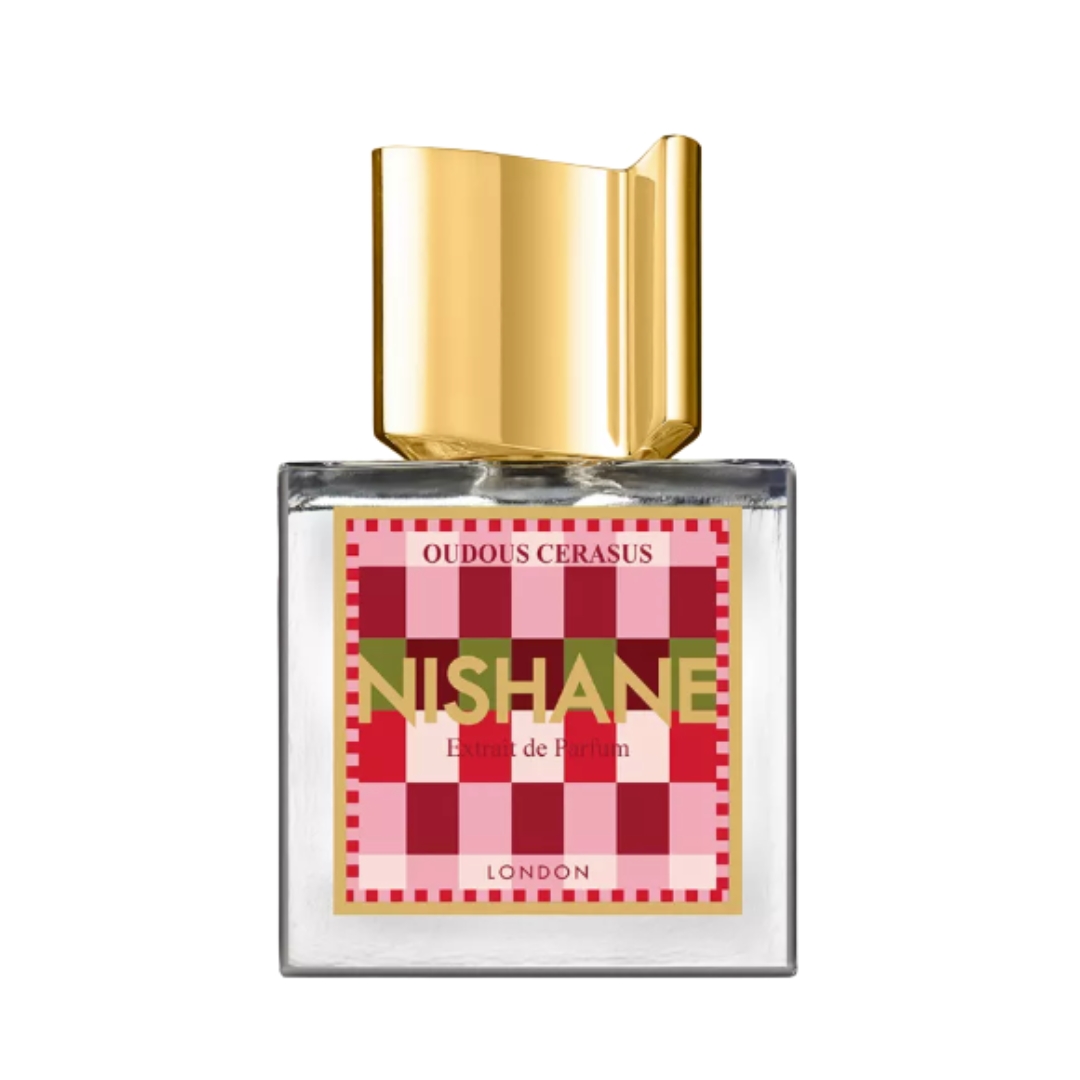A product shot of the NISHANE Oudous Cerasus Extrait de Parfum, on a white background