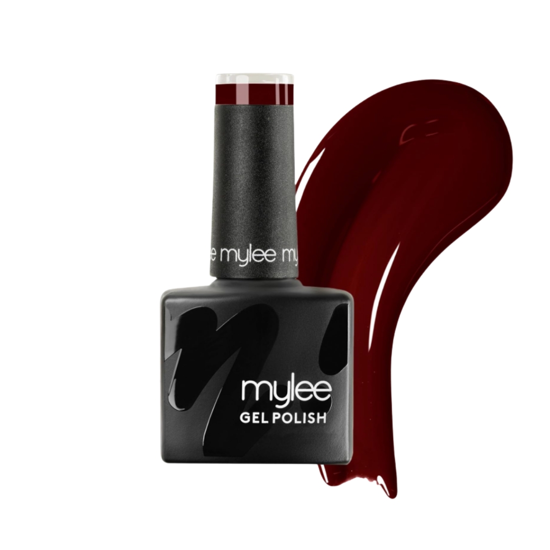 A product shot of the Mylee Gel Nail Polish in the shade Diva (a dark, wine-like red), on a white background, alongside a swatch of the polish colour.