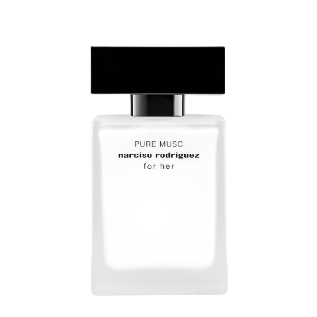 A product shot of the Narciso Rodriguez Pure Musc for Her Eau de Parfum, on a white background