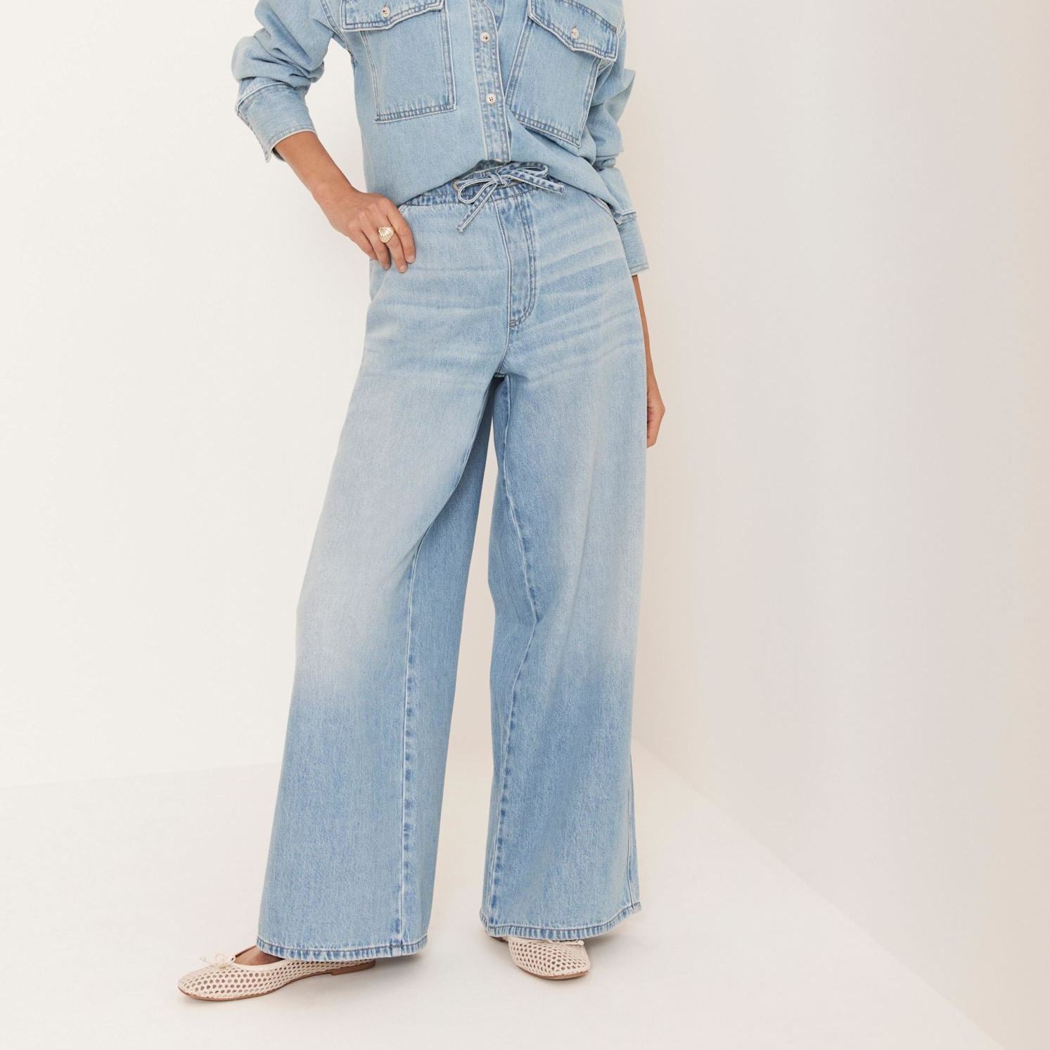 Light Indigo Wide Leg Tie Waist Jeans
