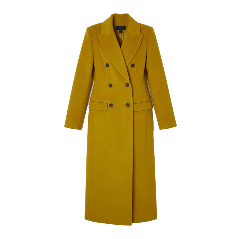 Yellow double breasted coat with black buttons