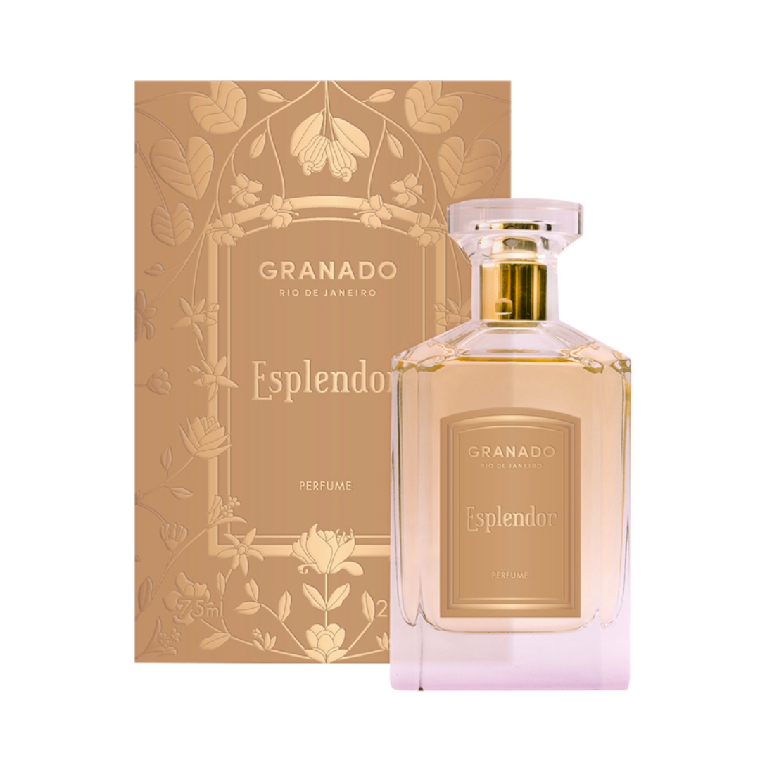 A product shot of the Granado Esplendor Perfume alongside it's gold box, on a white background