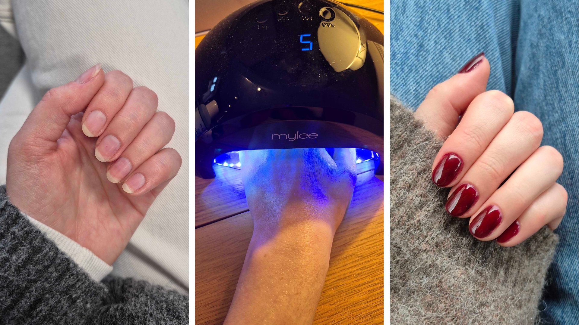 On the left is a close-up of Digital Beauty Writer, Naomi Jamieson's natural nails before gels, followed by a picture of Naomi's hand in the Mylee LED lamp and on the right, is an after picture of Naomi's burgundy gel Mylee nails.