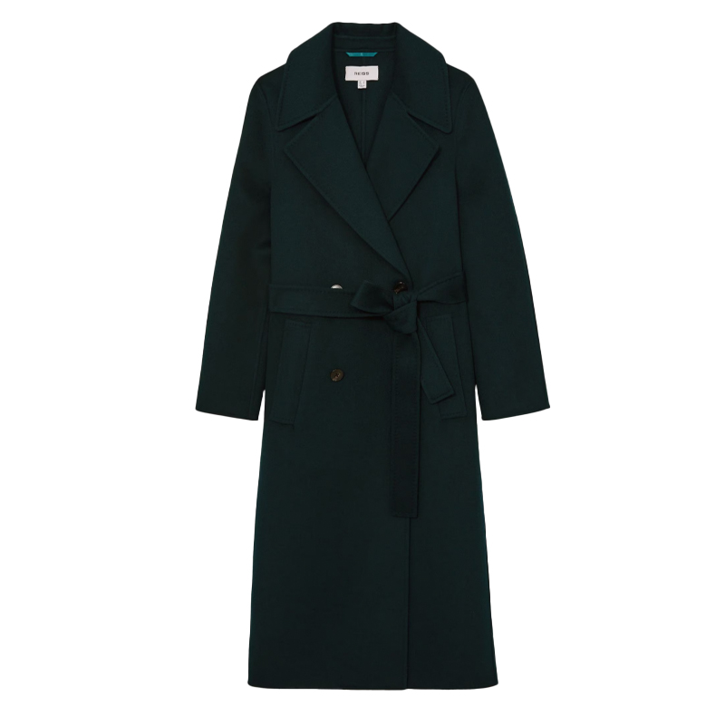 Dark green double breasted belt coat, Reiss