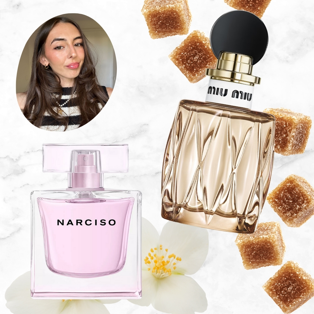 A picture of Digital Beauty Writer, Sennen Prickett, alongside two product images of the Narciso Rodriguez Radiante perfume and the Miu Miu Miutine perfume, on a grey and white template with white flower and brown sugar cube stock images - to reflect some of the perfume notes.