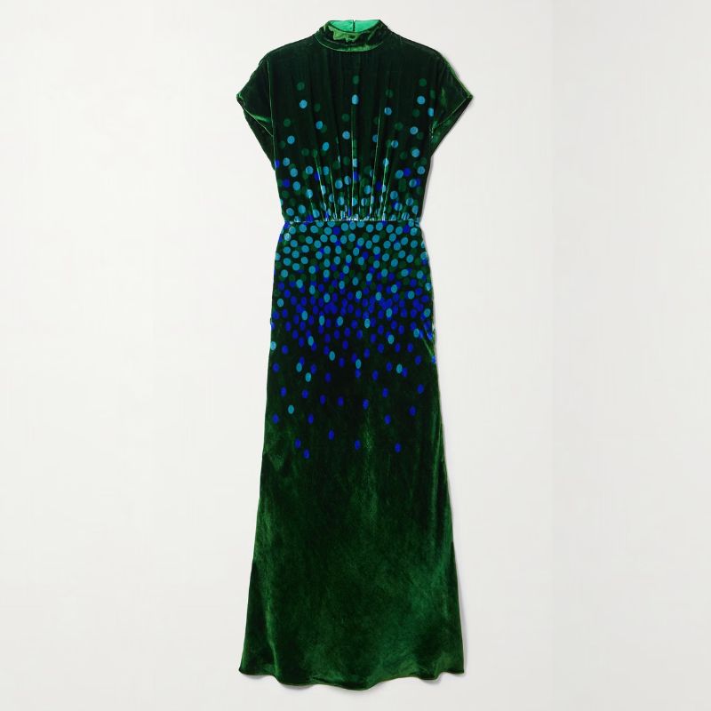 Gillian Anderon&#039;s green velvet midi dress by Saloni