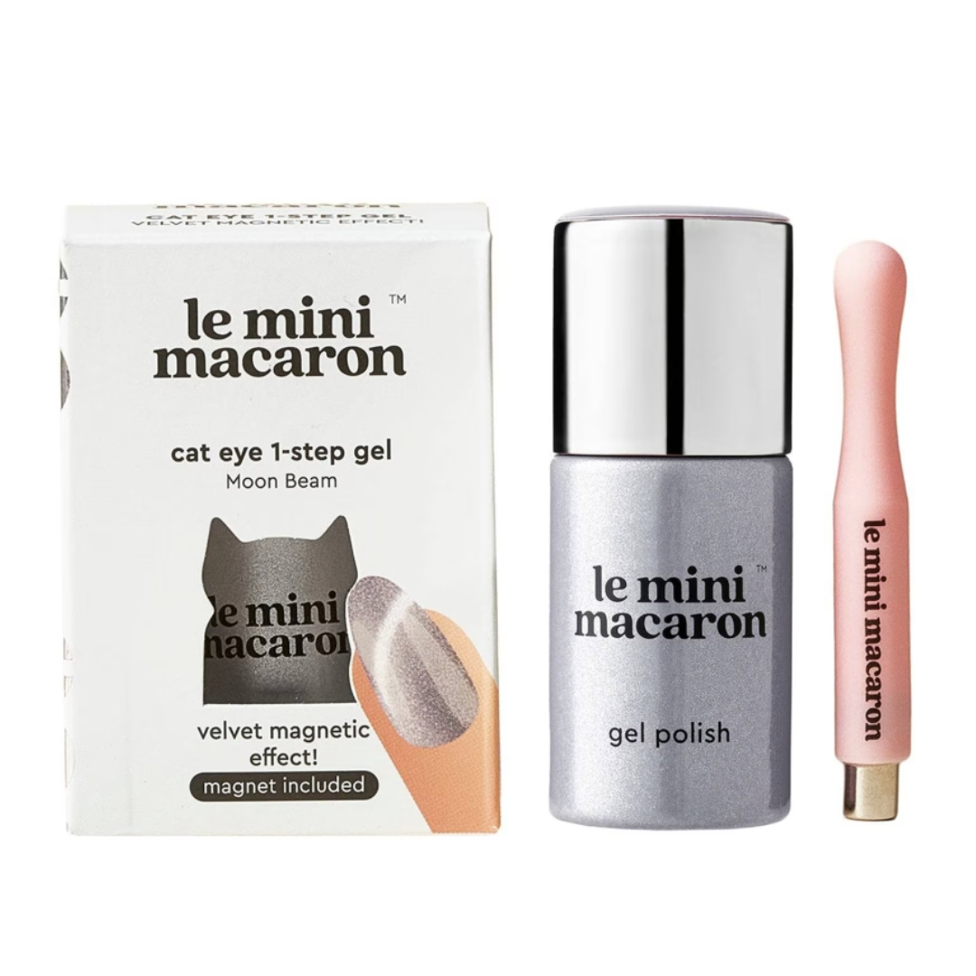 A product shot of the Le Mini Macaron Cat Eye Gel Polish Set in shade Moon Beam (a glittery silver), on a white background