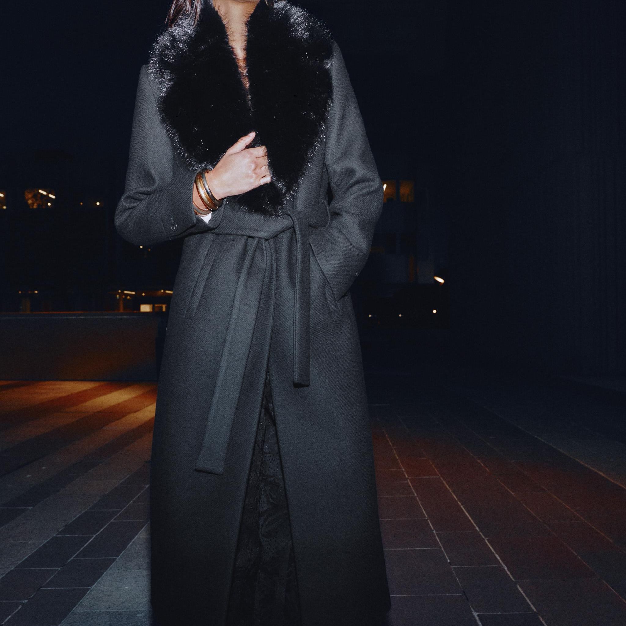 Wool Coat With Faux Fur Collar and Belt