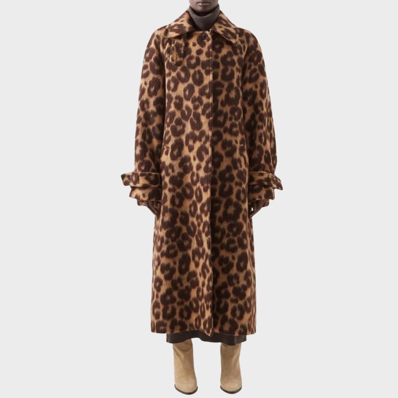 Raey Leopard-Print Belted Raglan-Sleeve Wool-Blend Coat