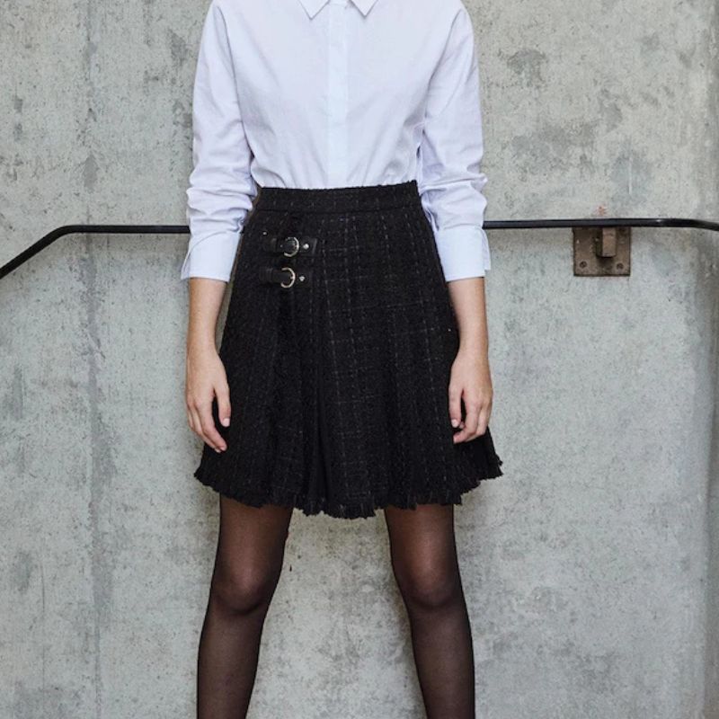 LK Bennett , Black Pip Tweed Kilt Skirt With Metal Buckle