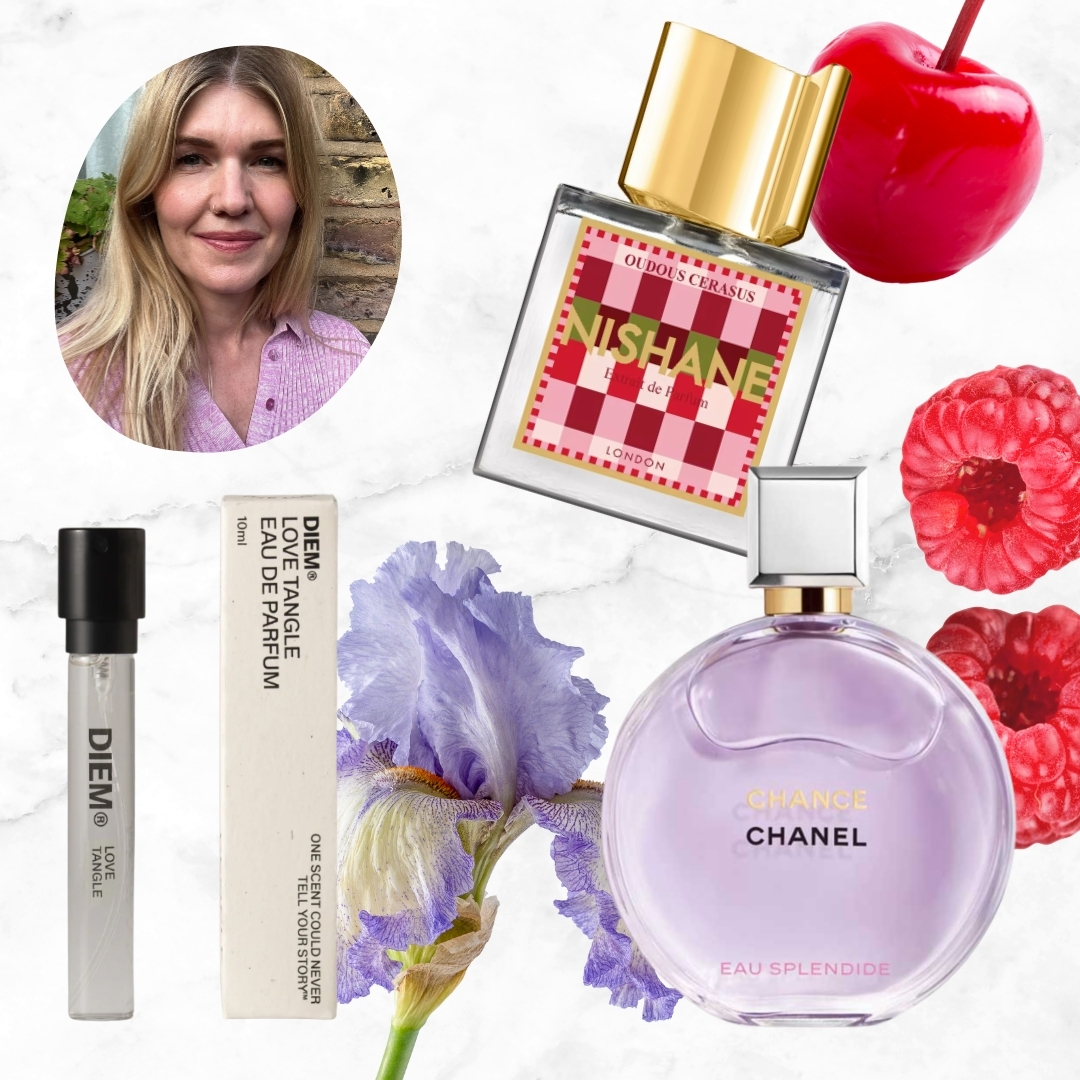 A picture of Digital Beauty Editor, Fiona McKim, alongside product shots of the NISHANE Oudous Cerasus Extrait de Parfum, DIEM's Love Tangle perfume and Chanel's Chance Eau Splendide, on a grey and white marble template with cherry, raspberry and iris flower stock images - to reflect the perfume notes