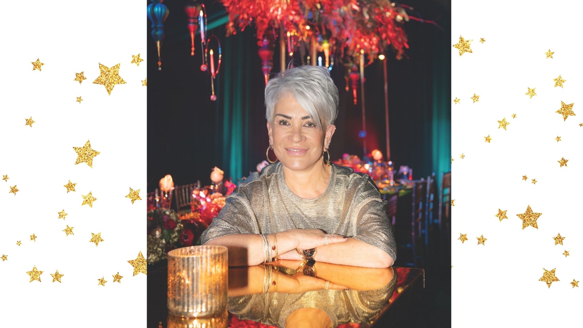 Liz Taylor smiles at one of her extravagant Christmas parties for clients