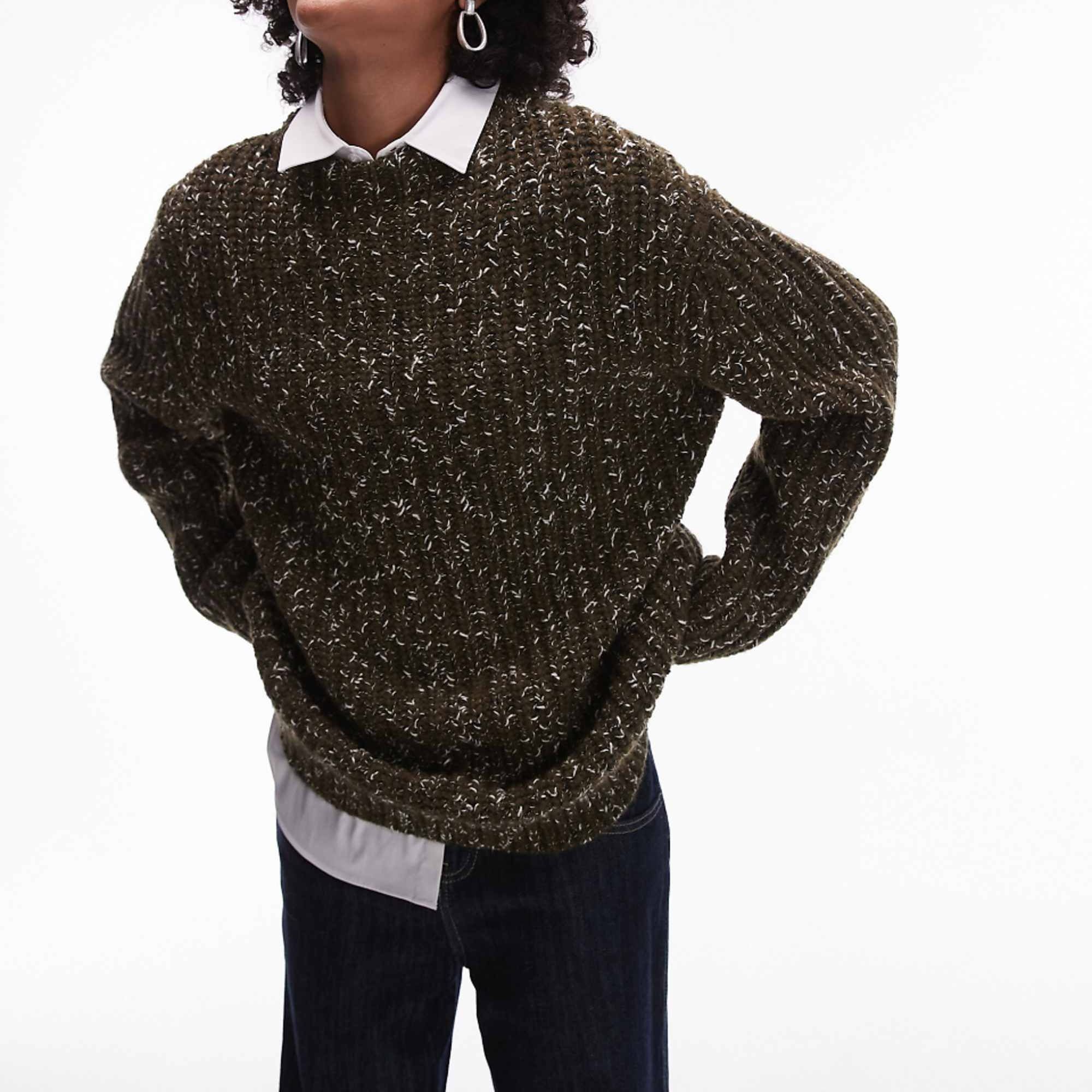Arket Wool Textured Two-Tone Knit Sweater in Khaki