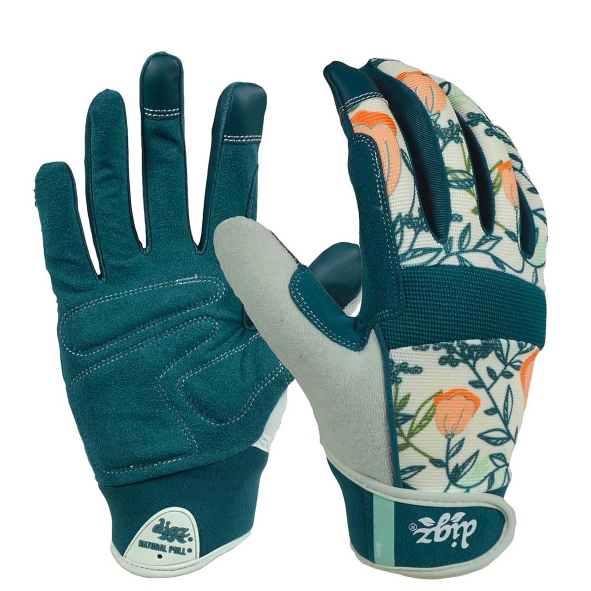 Digz patterned gardening gloves on white background