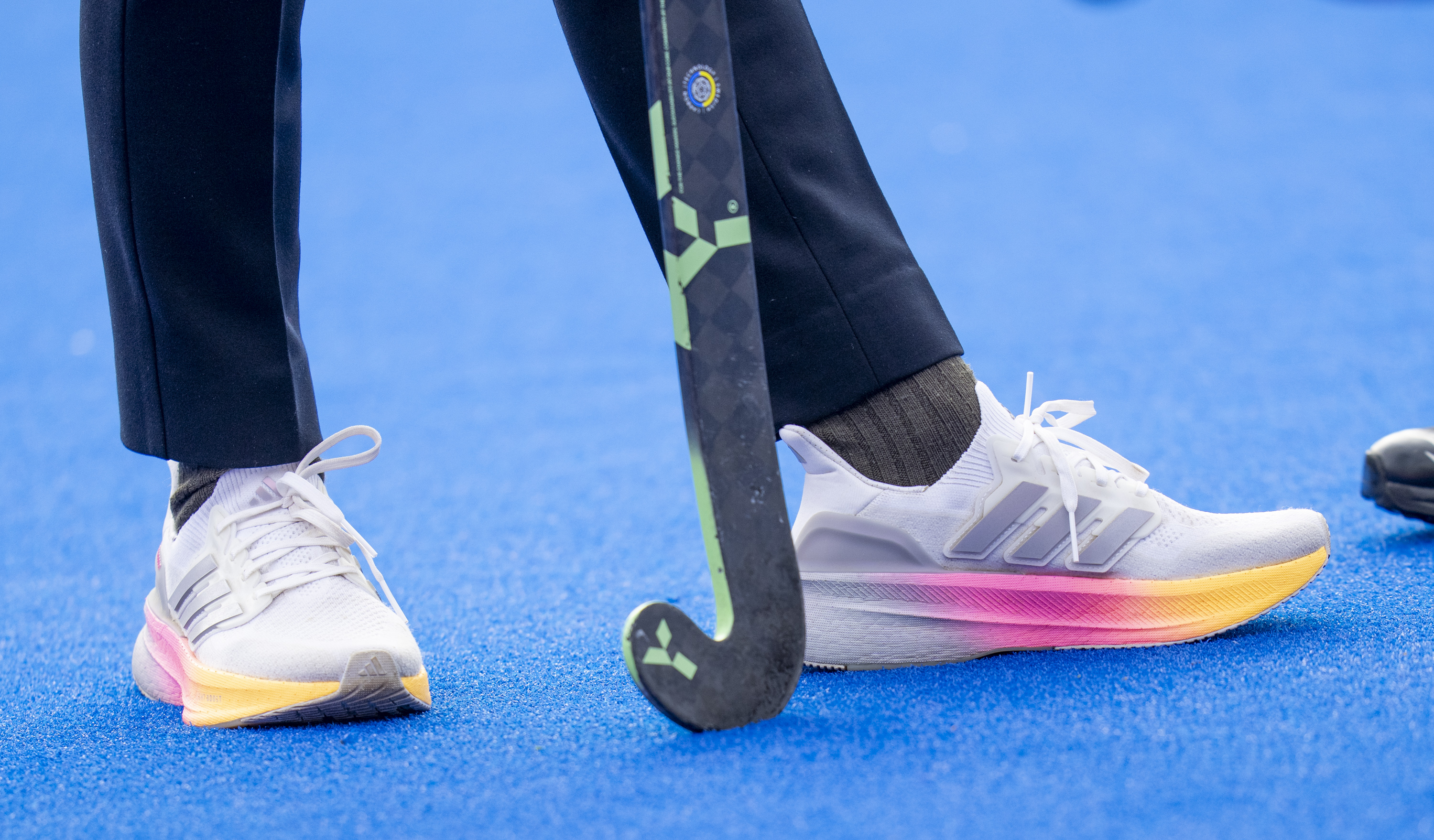 A close-up of Sophie, Duchess Of Edinburgh's trainers as she takes part in a training session during her visit to England Hockey at Bisham Abbey National Sports Centre on January 12, 2026