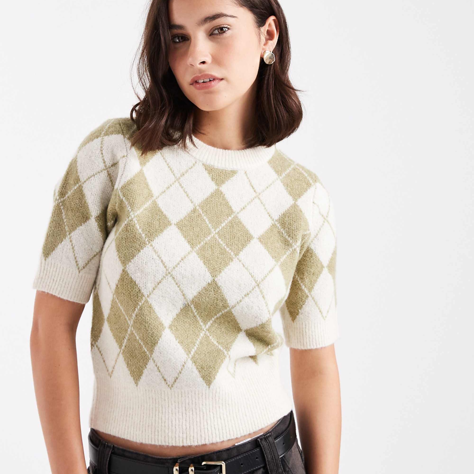 Vero Moda Cropped Knitted Short Sleeve Jumper in Green Argyle Check Print