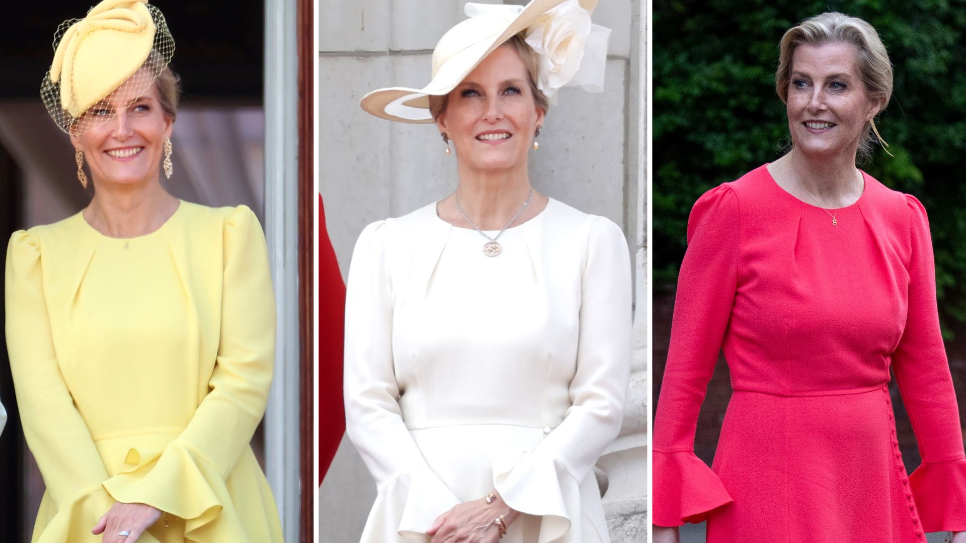 A composite of three pictures of Duchess Sophie wearing the same style of dress in yellow, white and pink on three separate occasions