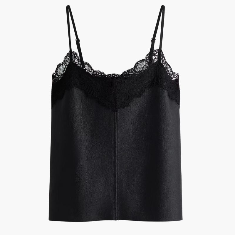 Lace-trimmed strappy top cut out